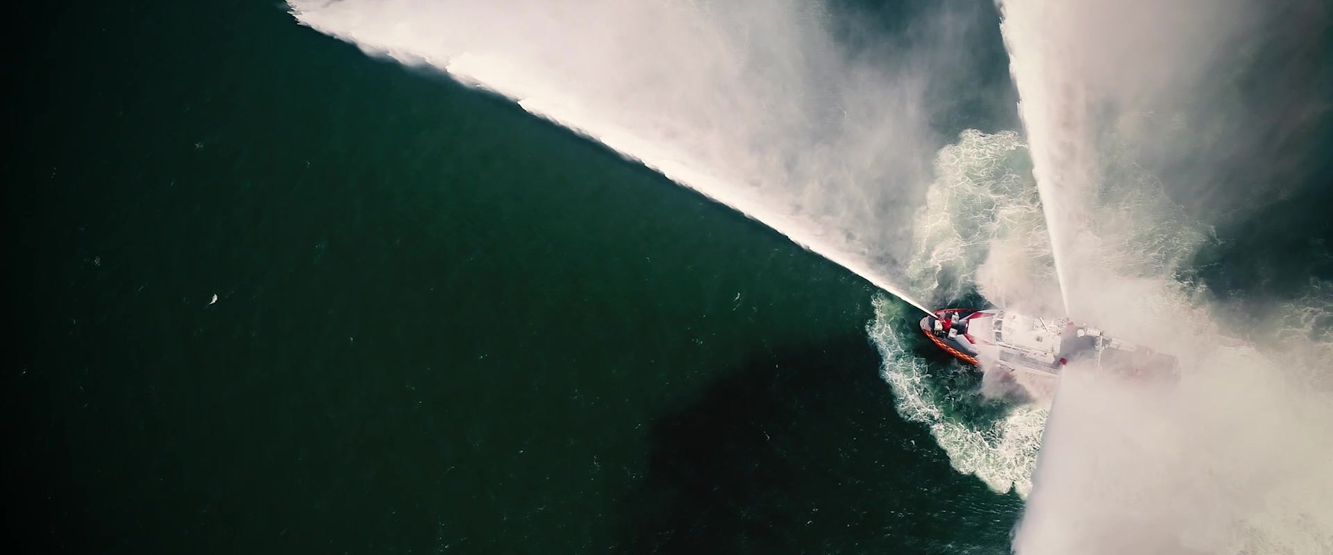 Aerial image of a fire vessel in operation