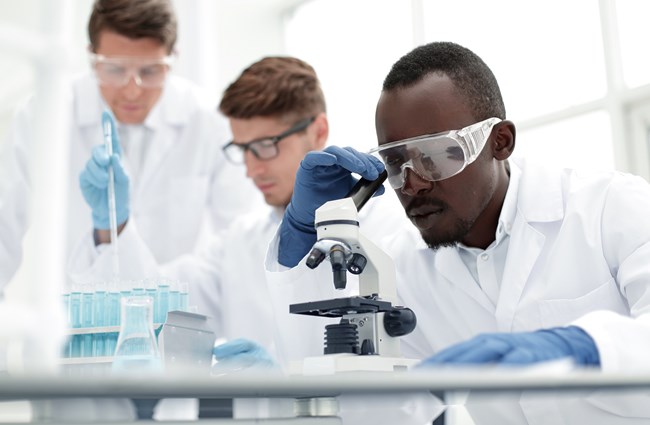 Picture of three scientists looking at test tubes and a microscope