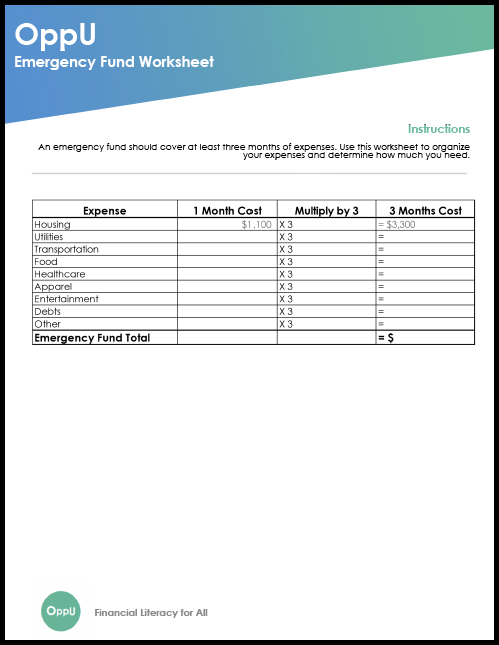 Emergency fund worksheet to help you save three months' worth of expenses.